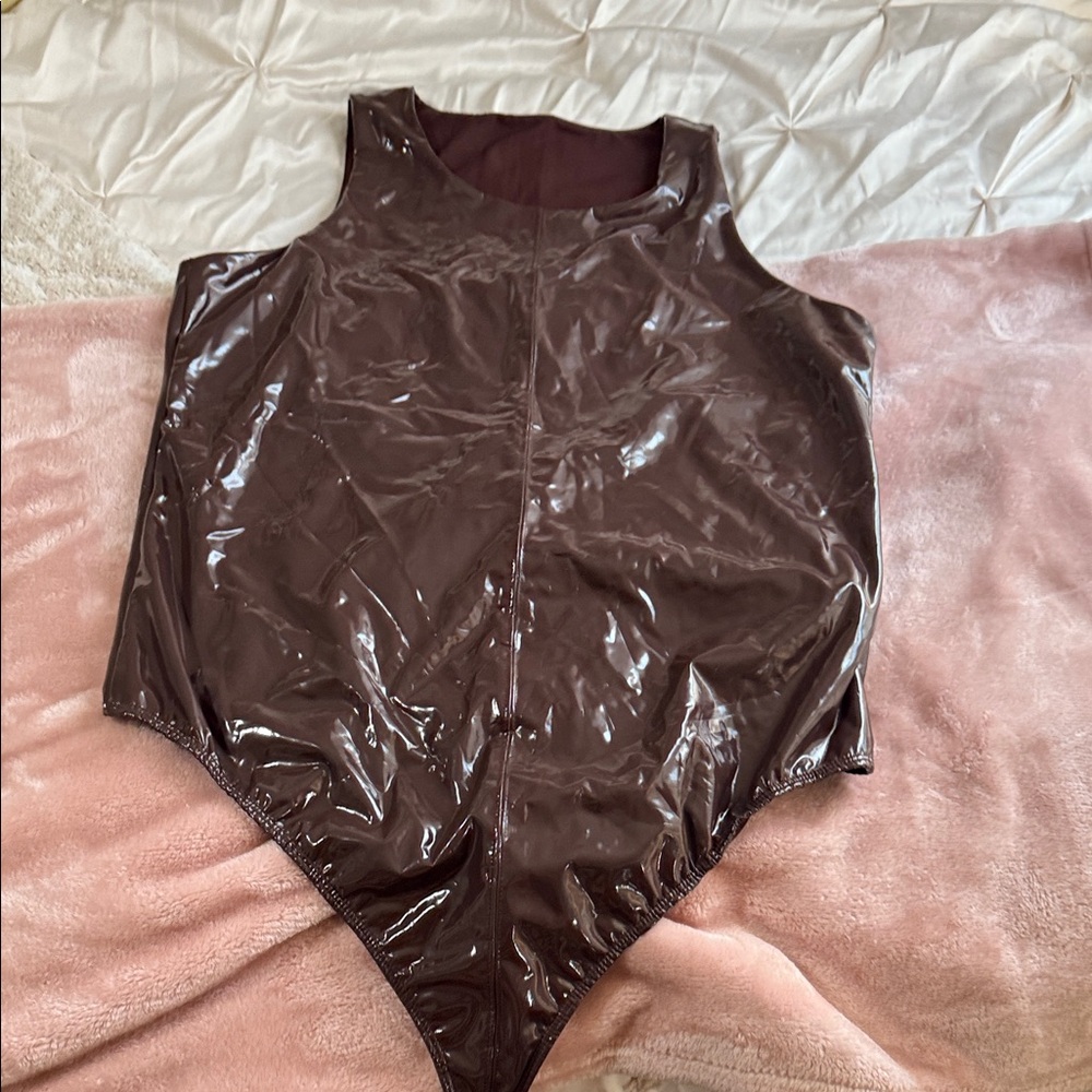 Good American Faux Leather Bodysuit in Rich Brown